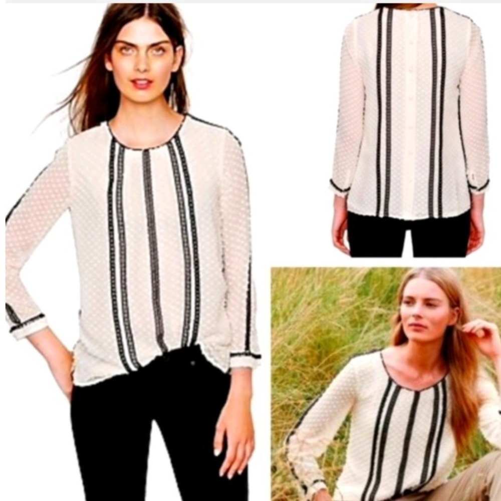 J.Crew Ivory Swiss Dot Lace Trim Blouse Sheer Top Size 4 Ivory Black NWOT